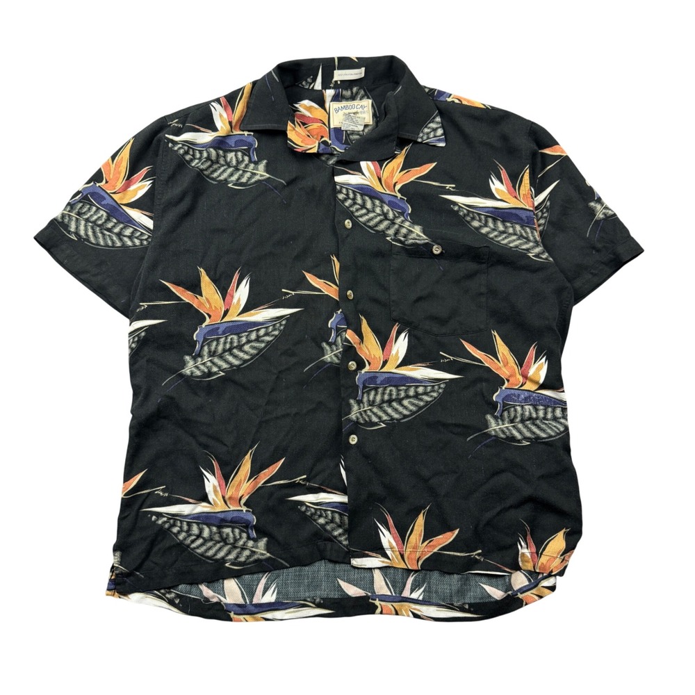 Vtg Bamboo Cay Men Large Rayon Hawaiian Button Up Shirt Black Resort Camp Collar
